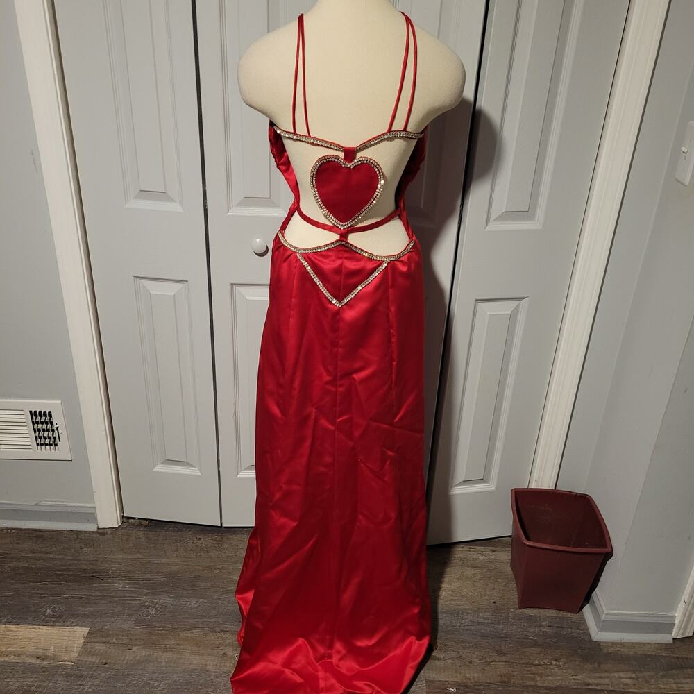 Y2K Red Satin Gown Spaghetti Straps Ruched Cutout Slit Train Size 2-4 Handmade - Picture 4 of 14